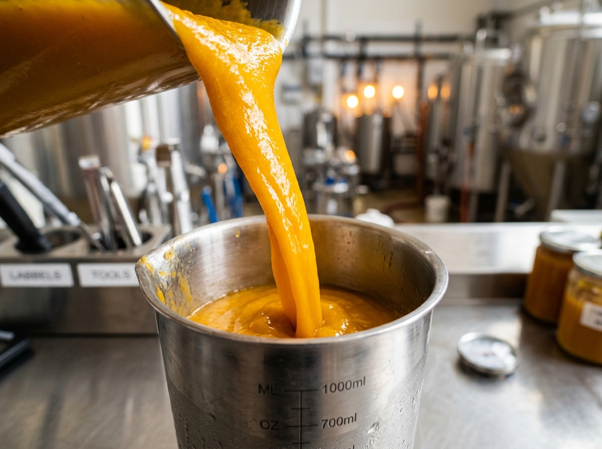 Golden Alphonso mango puree pouring into a stainless brewing vessel